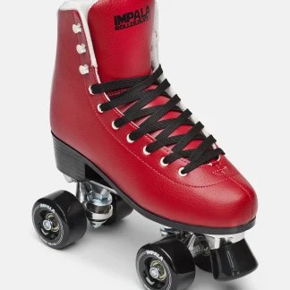 A cherry red Impala roller skate, shown from the front
