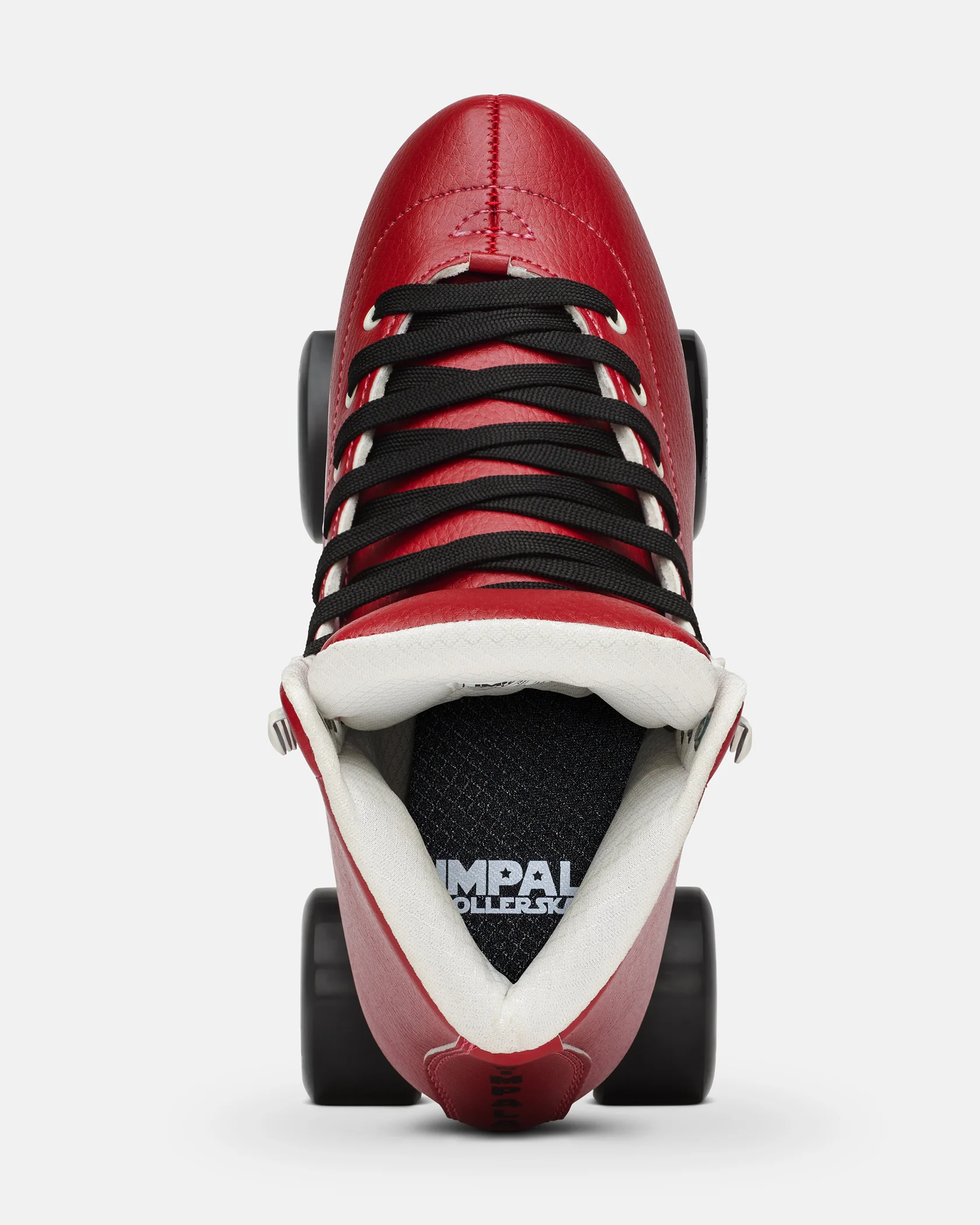 A cherry red Impala roller skate, shown from the top