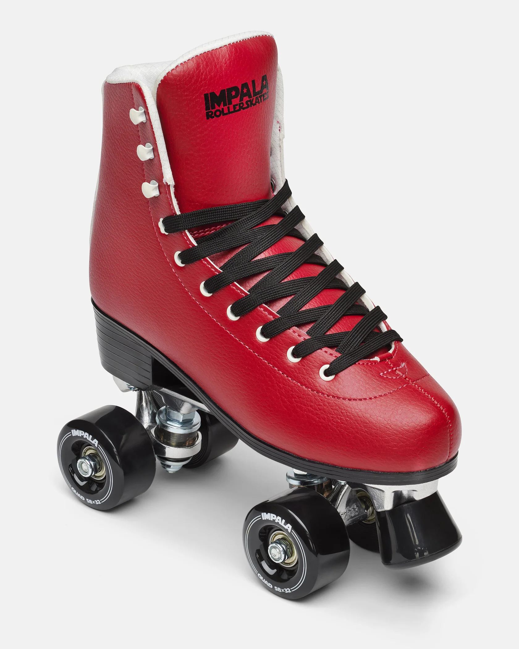 A cherry red Impala roller skate, shown from the front