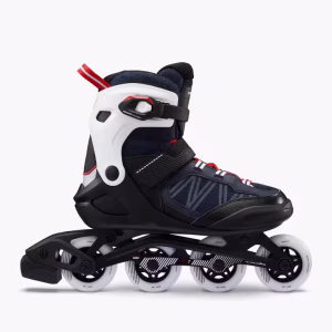 An OXELO inline navy and black skate with red laces, shown from the side