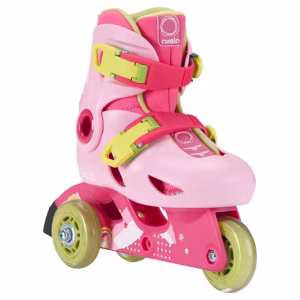 Pink and green child's OXELO inline skate with three wheels