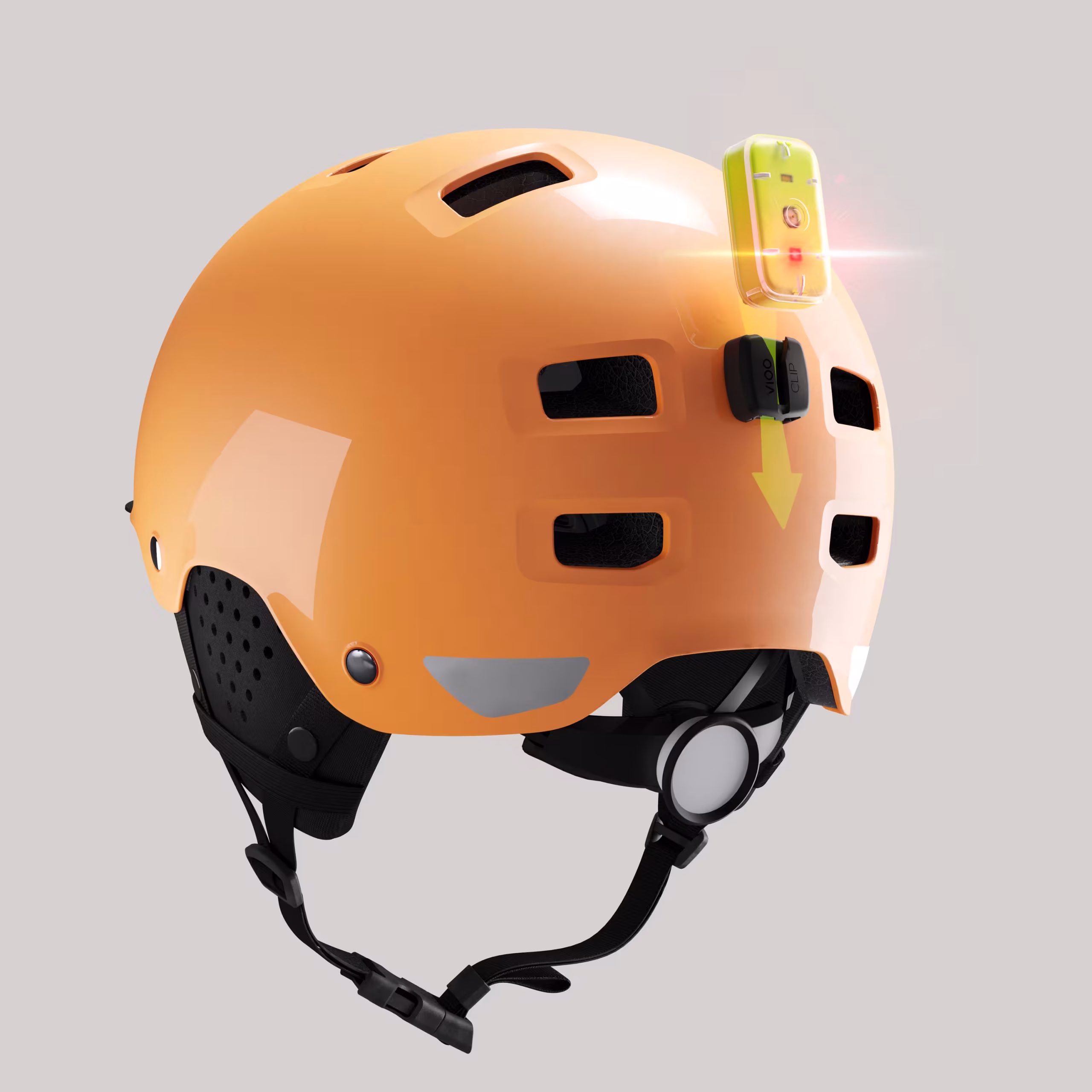 orange helmet from the back showing a tracker being inserted