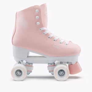 A peach OXELO Artistic Quad Roller Skates Ireland with white laces and pink and white wheels