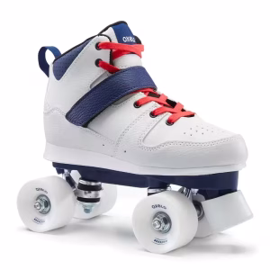 A white, runner type OXELO roller skate with orange laces and navy trim