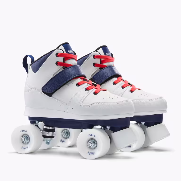 A pair of white, runner type OXELO roller skates with orange laces and navy trim