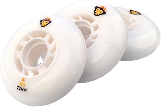 three white inline skate wheels with a black trim