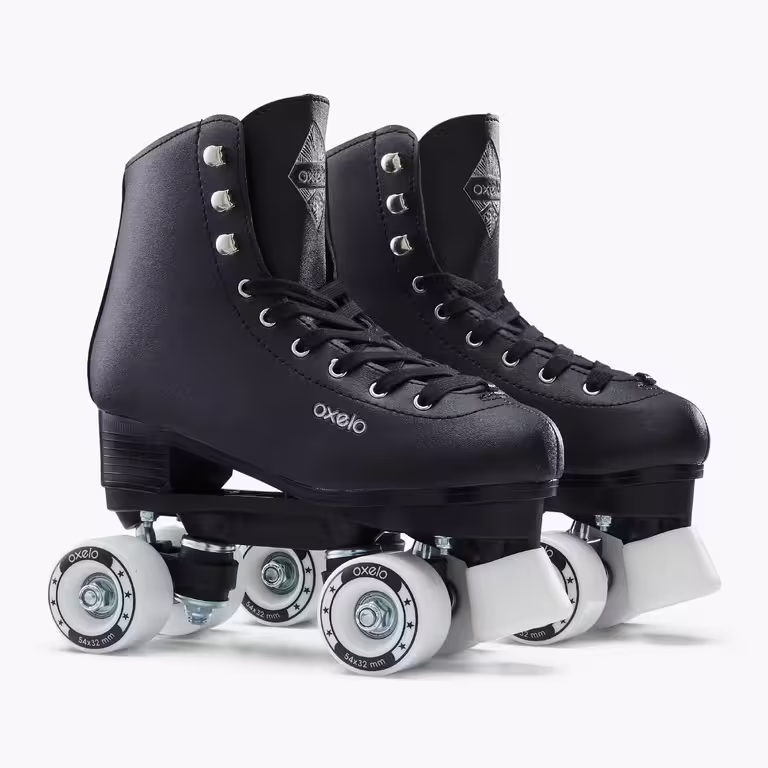 A pair of all black OXELO roller skates with white wheels