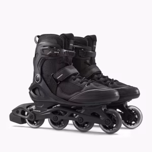 A pair of all black OXELO inline skates