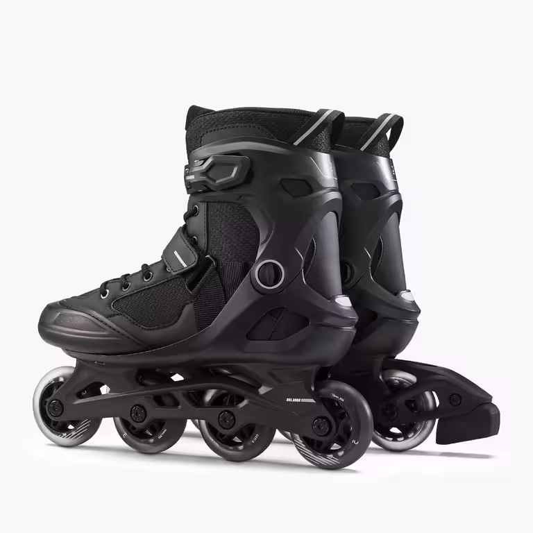 A pair of all black OXELO inline skates, pictured from the back