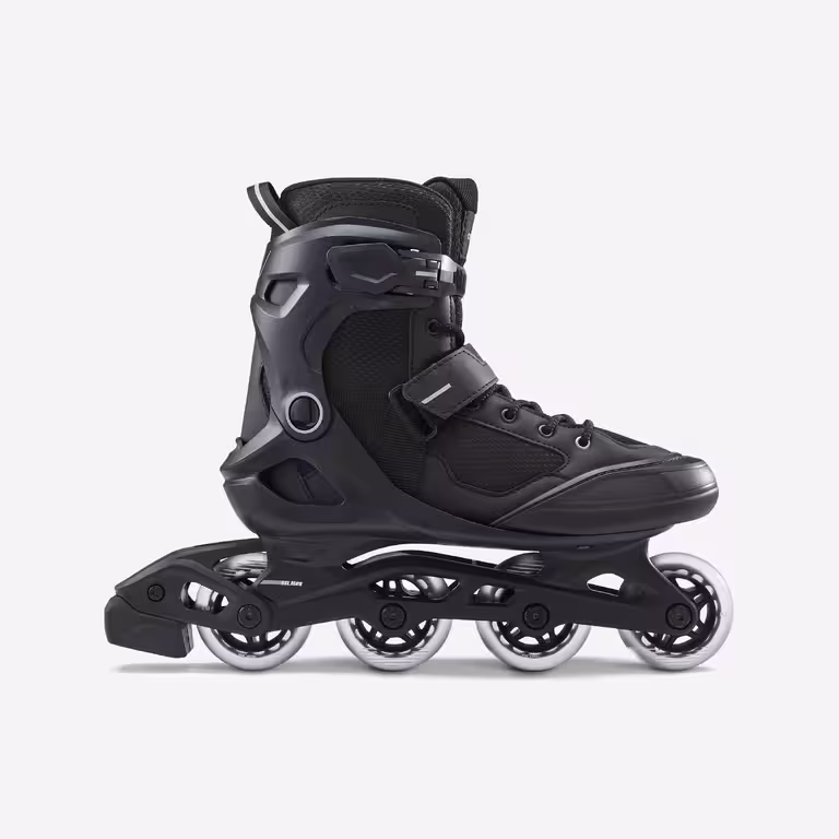 An all black OXELO inline skate, pictured from the side