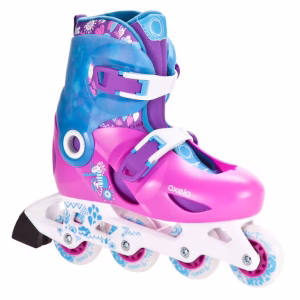 A purple, pink and blue OXELO inline skate, shown from the side