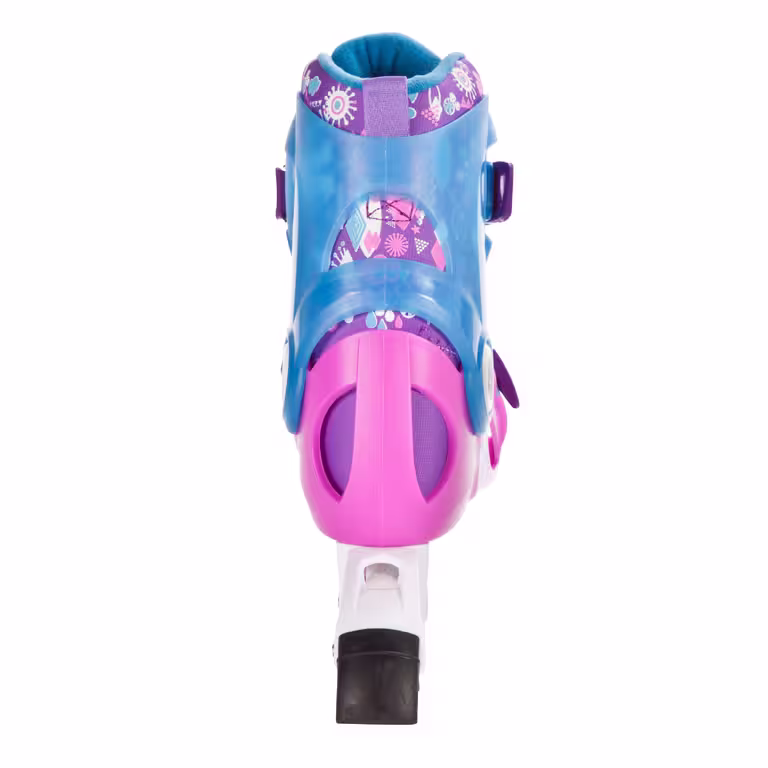 A purple, pink and blue OXELO inline skate, shown from the back