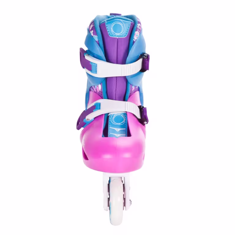 A purple, pink and blue OXELO inline skate, shown from the front