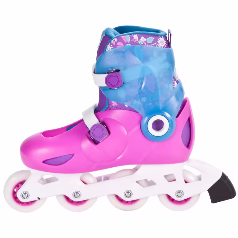 A purple, pink and blue OXELO inline skate, shown from the side