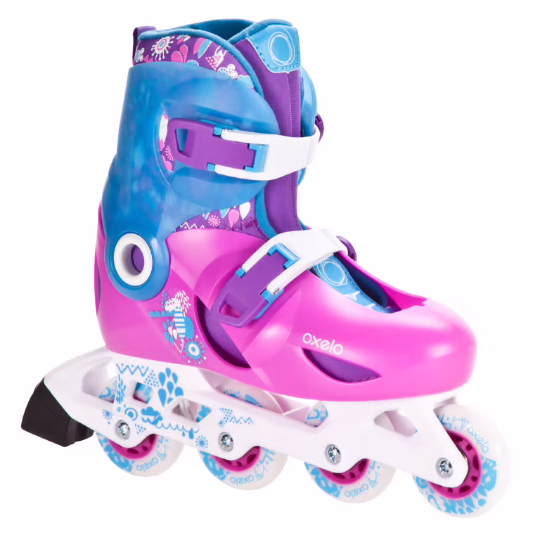 A purple, pink and blue OXELO inline skate, shown from the side