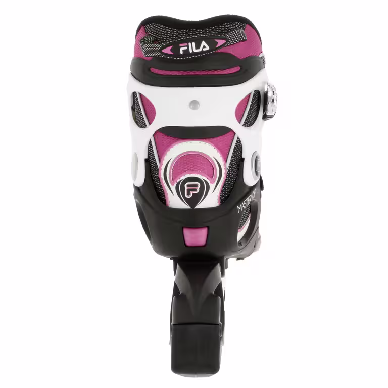 Black, white and pink Fila inline skate, pictured from the back
