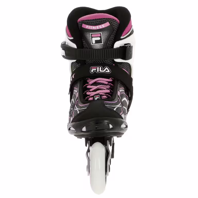 Black, white and pink Fila inline skate, pictured from the front