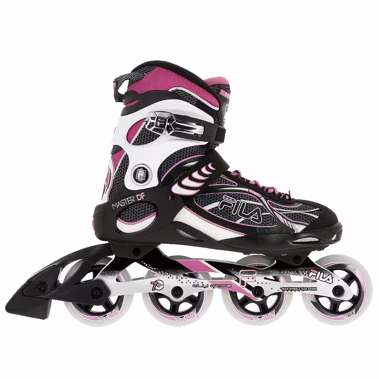 Black, white and pink Fila inline skate, pictured from the side