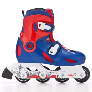 Blue and red child's OXELO inline skate shown from the side with four wheels