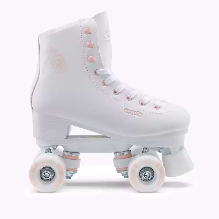 A pair of white OXELO roller skates with pink trim